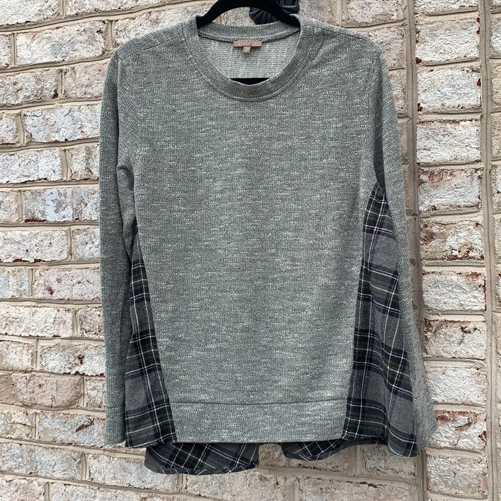Lilla P Grey Plaid Flannel Split Back Sweater XL